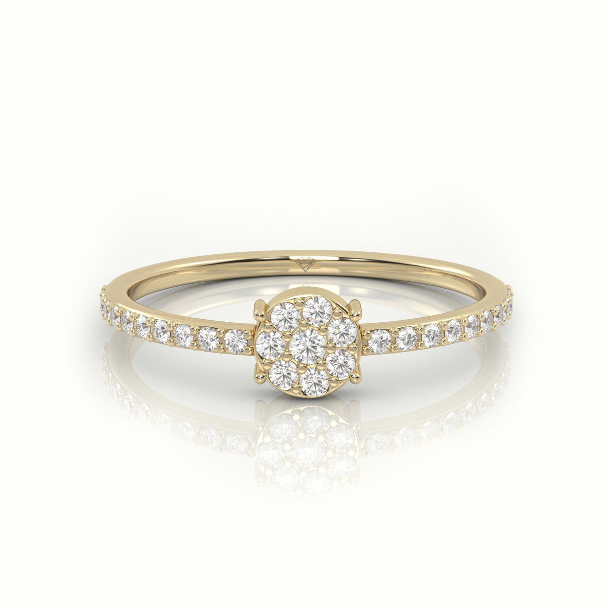 Round Cut Diamond 4 Prongs Pave Setting Designer Ring — Yellow Gold