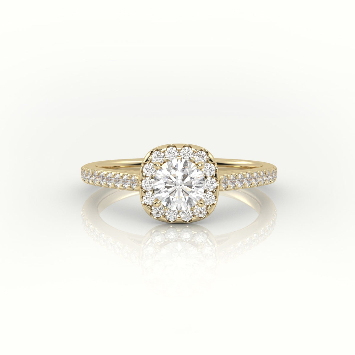 Round Cut Diamond 4 Prongs Halo Scallop Setting Engagement Ring — Yellow Gold
