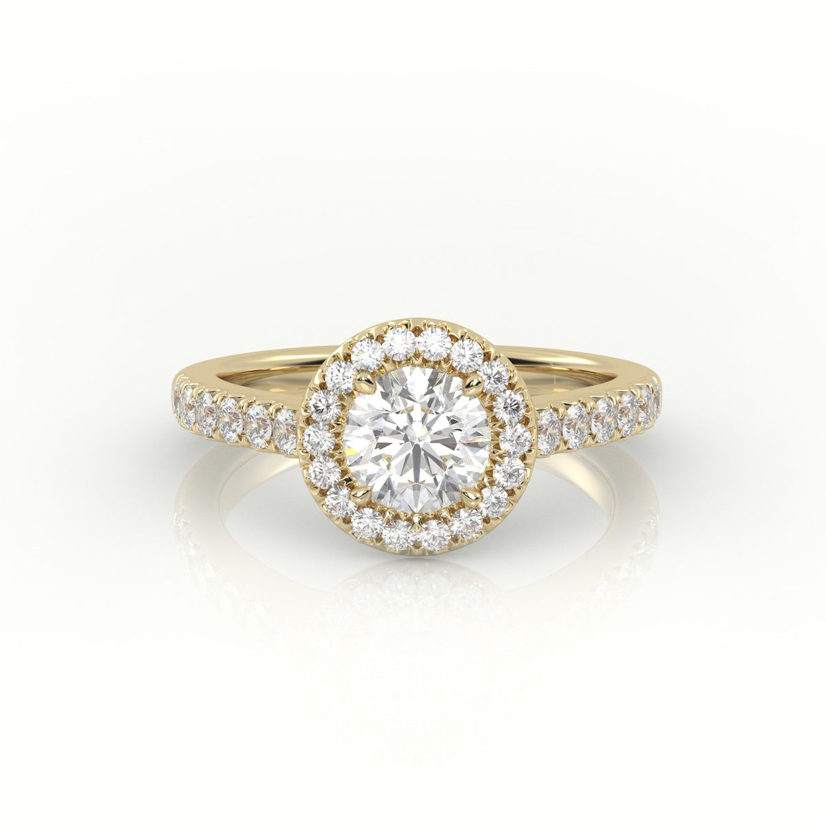Round-Cut-Diamond 4 Prongs Halo Scallop Setting Engagement Ring — Yellow Gold