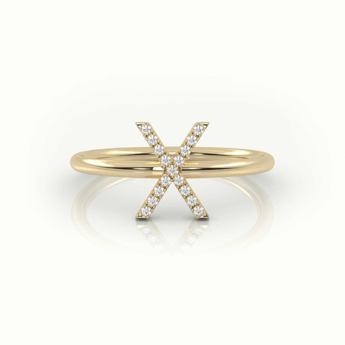 Round Cut Diamonds “X” Initials Monogram Alphabet Ring — Yellow Gold