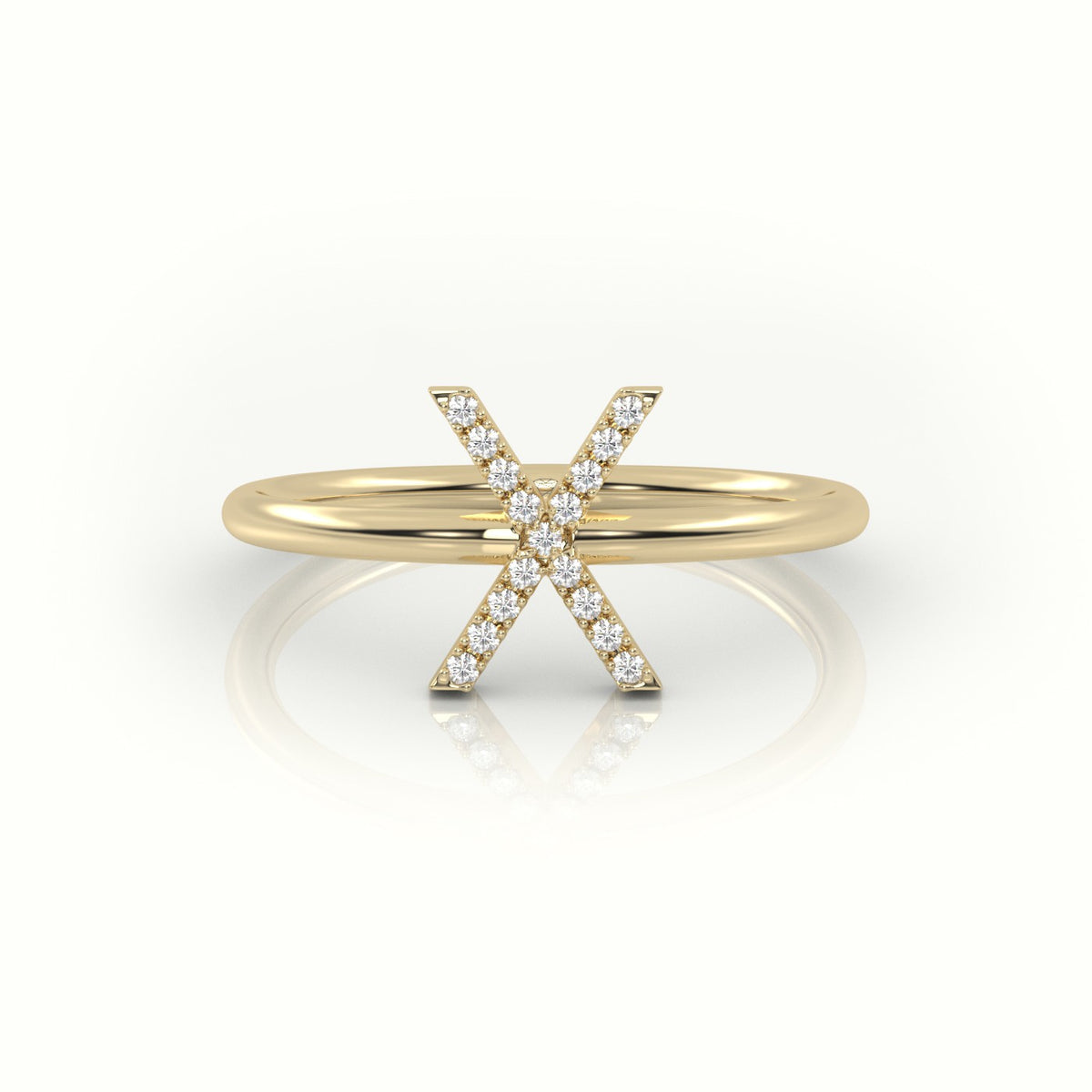 Round Cut Diamonds “X” Initials Monogram Alphabet Ring — Yellow Gold