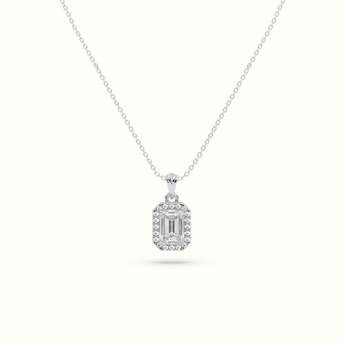 Emerald Cut Solitaire Halo Diamond Pendant — White Gold