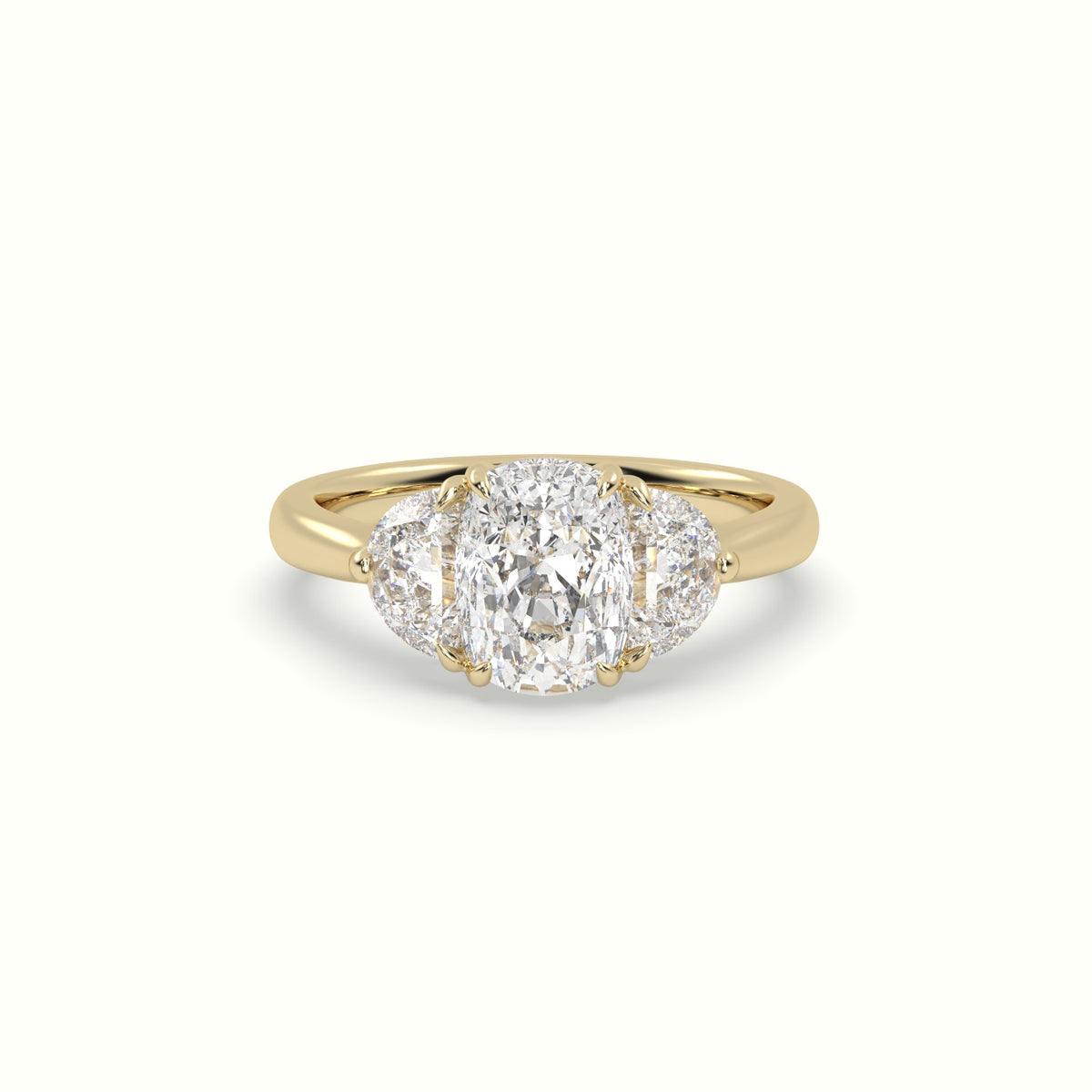 Cushion Diamond Trilogy Half Moon Engagement Ring — Yellow Gold
