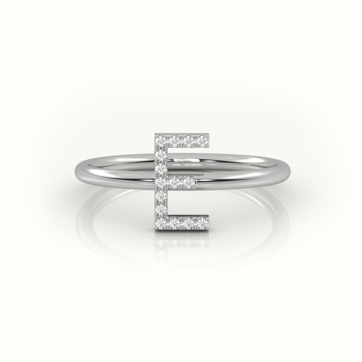 Round Cut Diamonds “E” Initials Monogram Alphabet Ring — White Gold