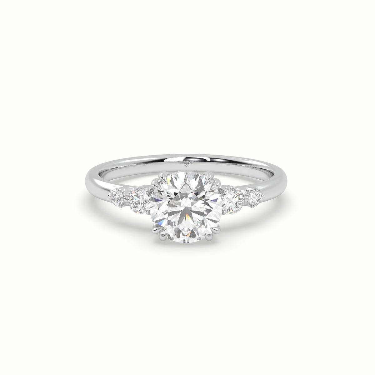 Round Diamond Solitaire Side Stone Engagement Ring — White Gold