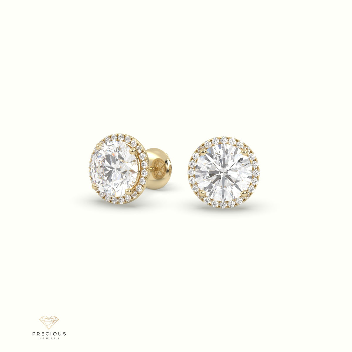 4 Prong Round Lab-Grown Diamond Halo Stud Earrings 18K Yellow Gold