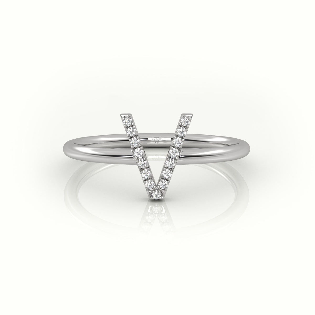 Round Cut Diamonds “V” Initials Monogram Alphabet Ring — White Gold