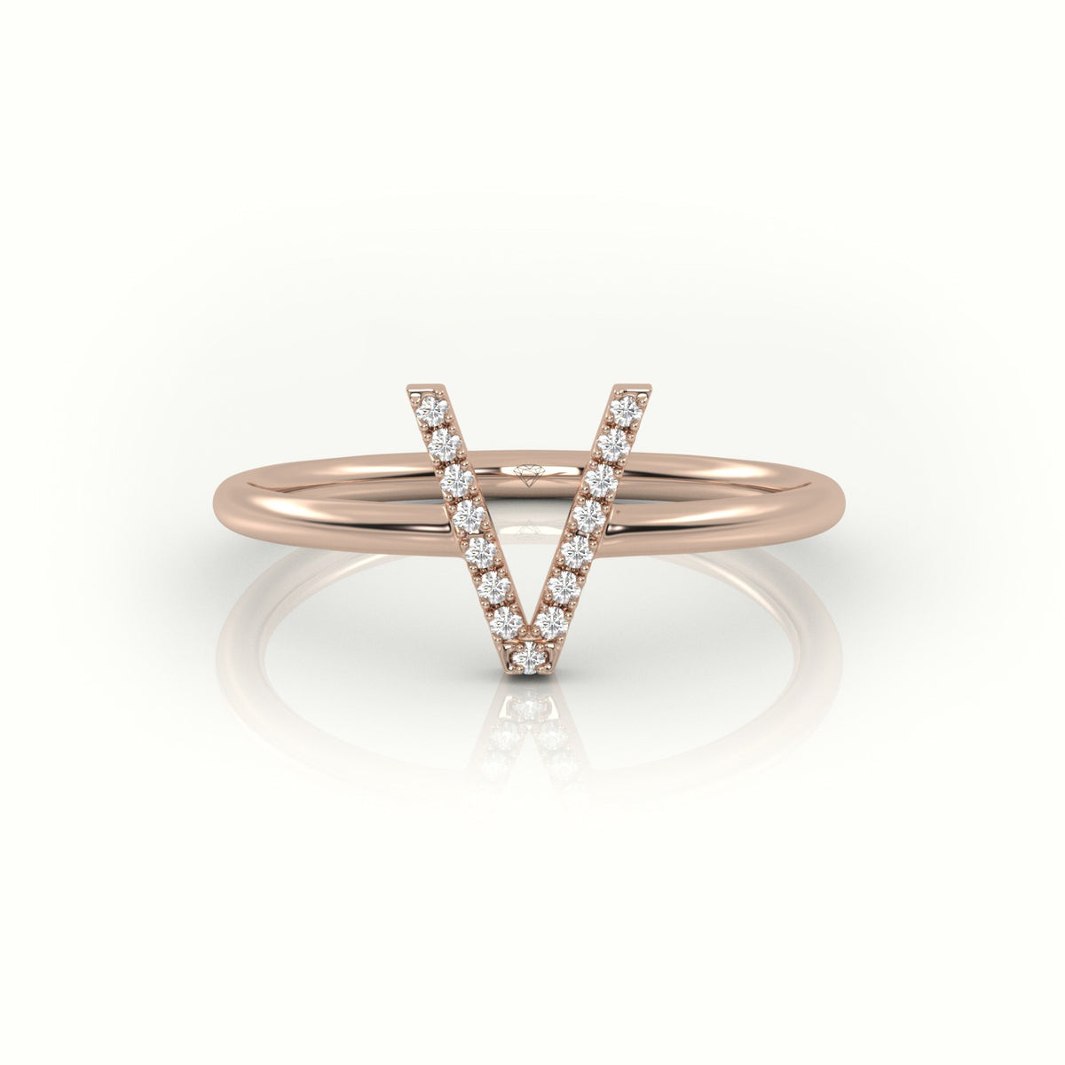 Round Cut Diamonds “V” Initials Monogram Alphabet Ring — Rose Gold