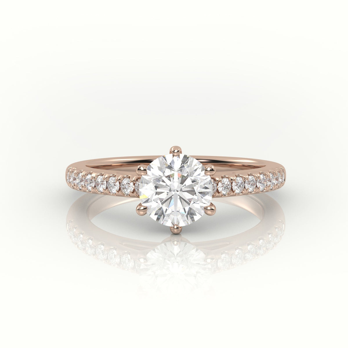 Round Cut Diamond 6 Prongs Pave Setting Engagement Ring — Rose Gold