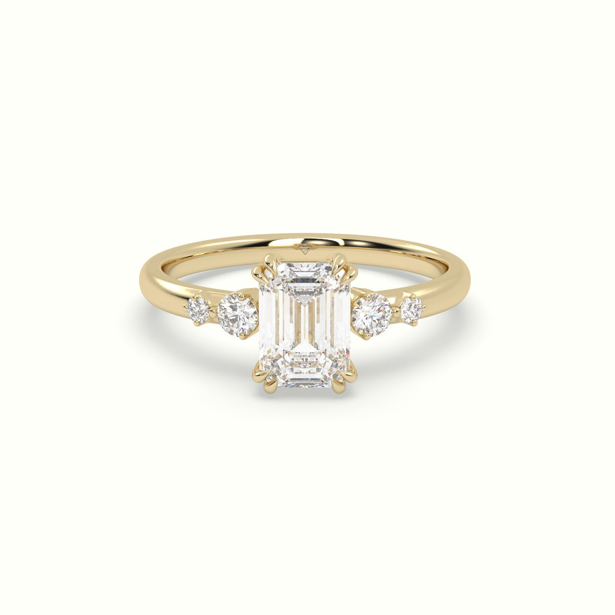 Emerald Diamond Solitaire Side Stone Engagement Ring — Yellow Gold