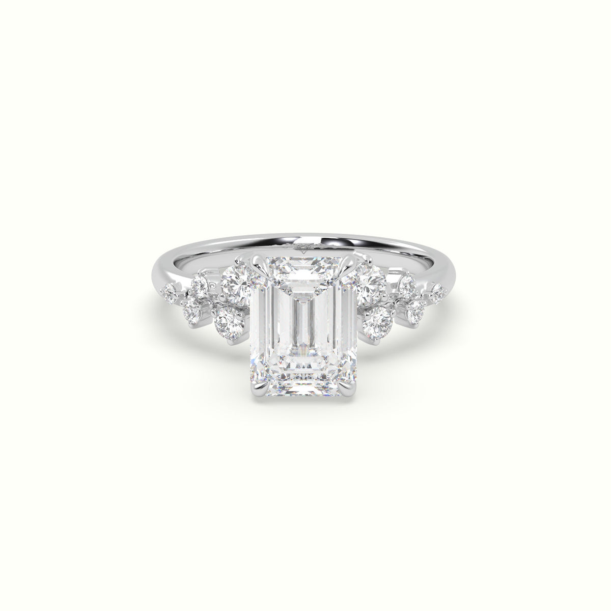 Emerald Diamond Side Stone Engagement Ring — White Gold