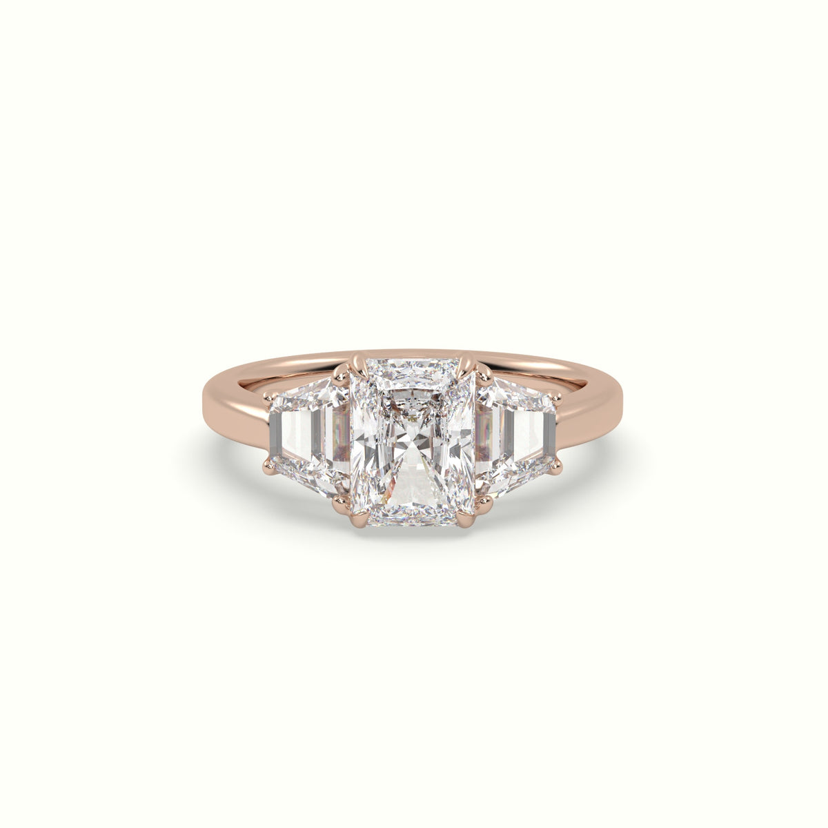 Radiant Diamond Trilogy Trapezium Engagement Ring — Rose Gold