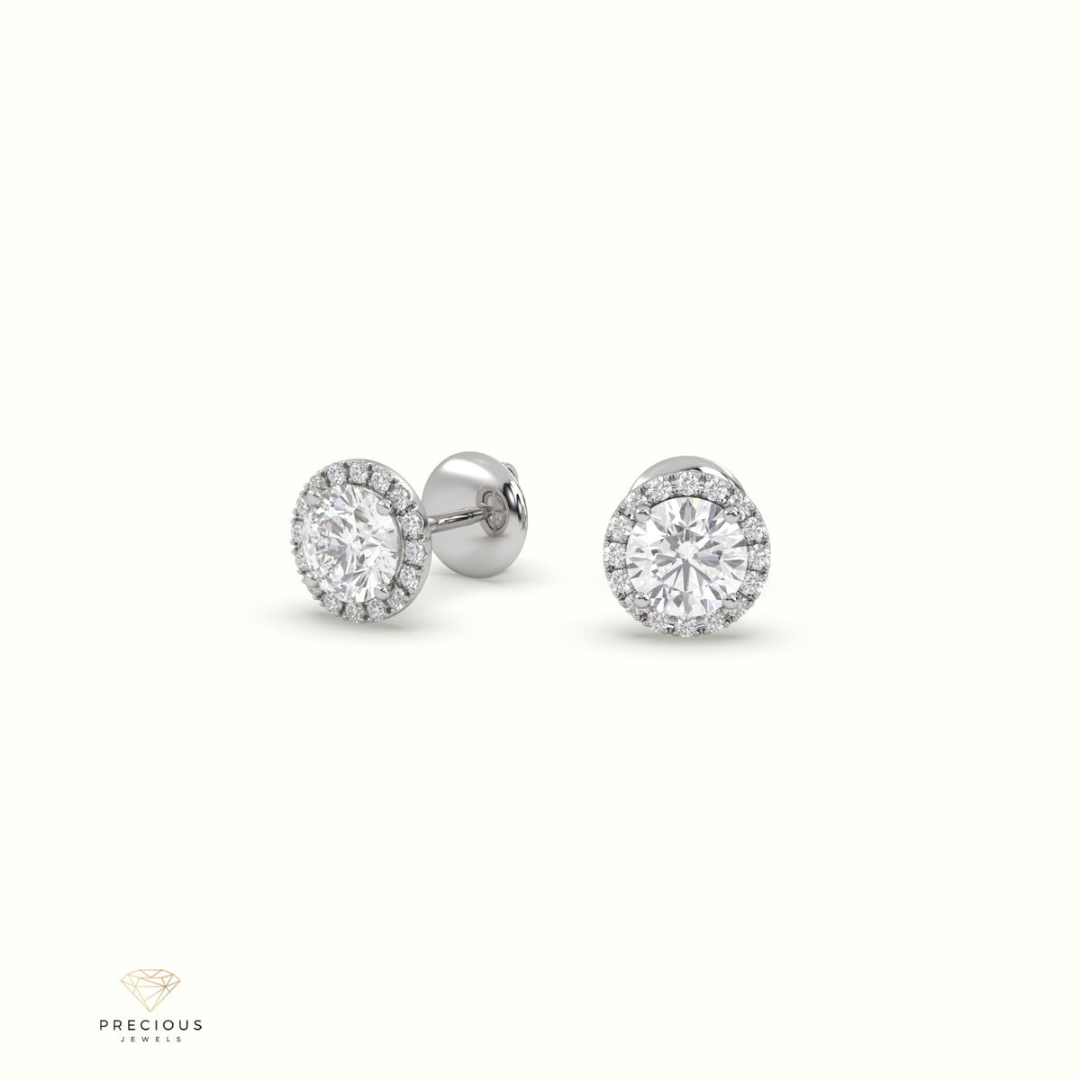 4 Prong Round Lab-Grown Diamond Halo Stud Earrings 18K White Gold