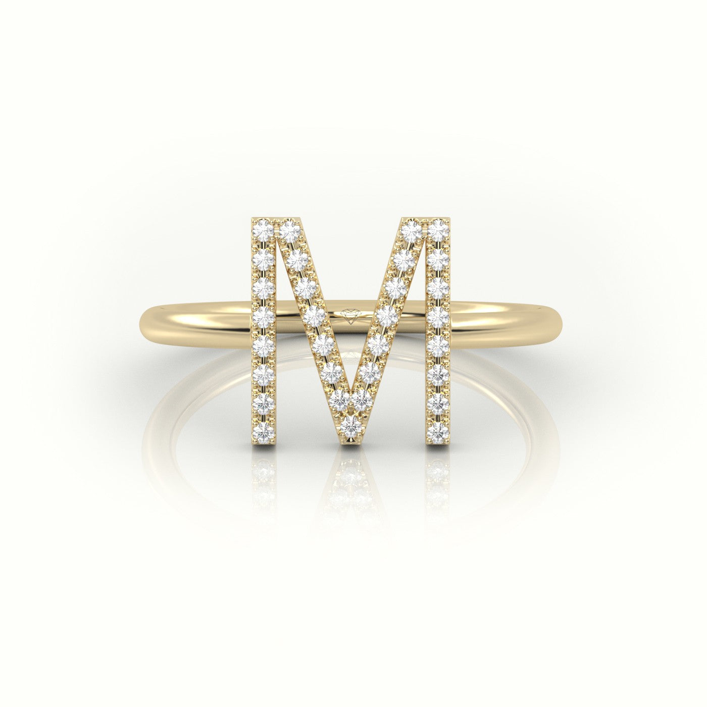 Round Cut Diamonds “M” Initials Monogram Alphabet Ring — Yellow Gold