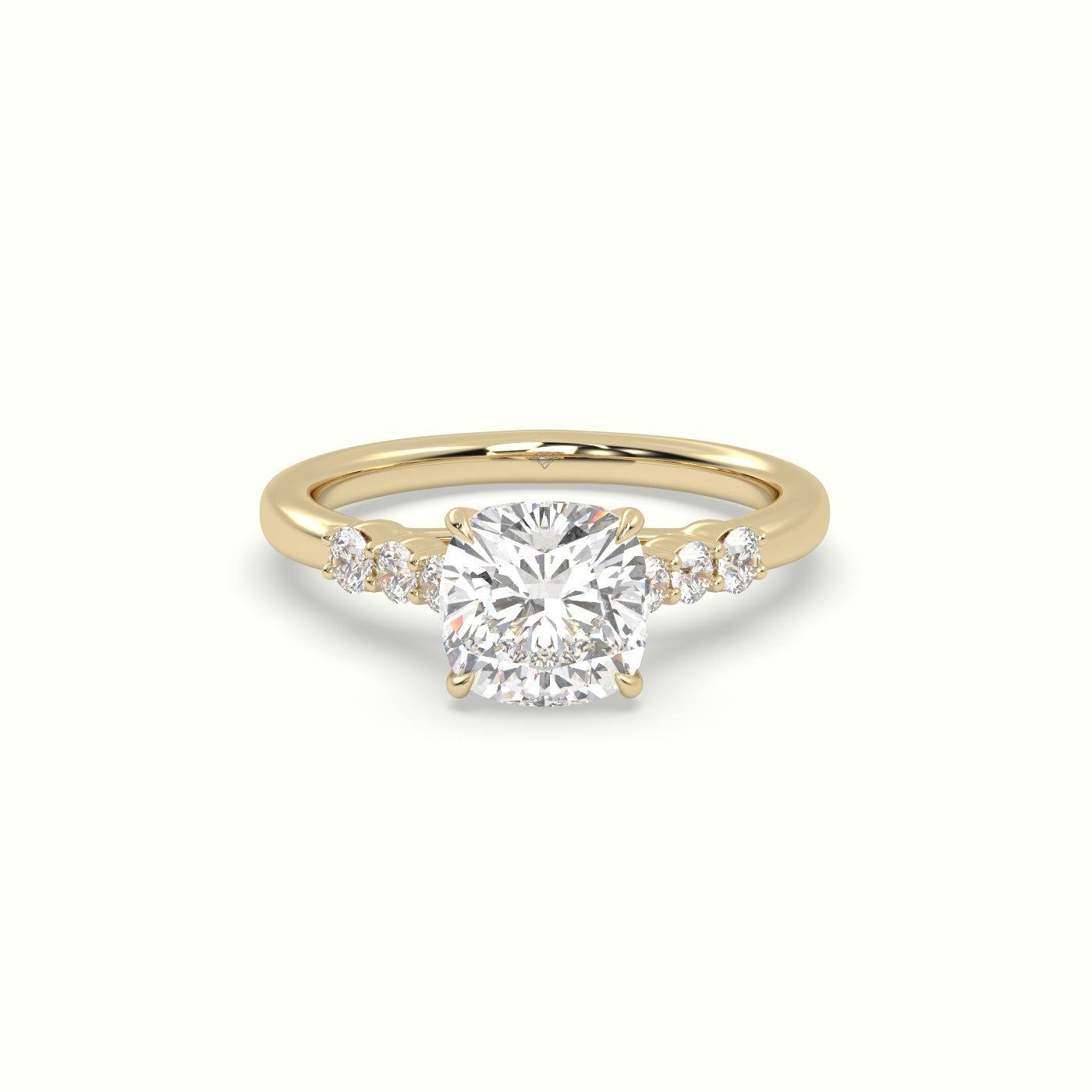 Cushion Cut Diamond Engagement Ring With Side Stones — Yellow Gold