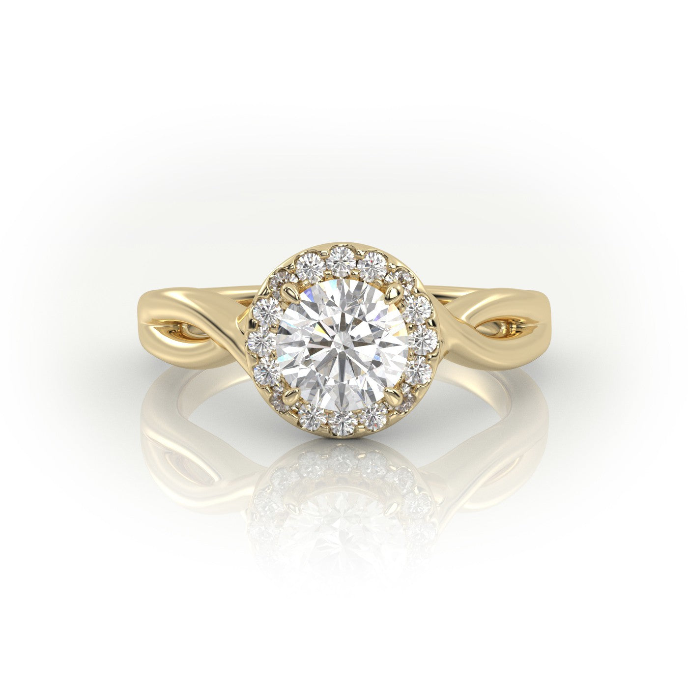Round Cut 4 Prongs Halo Twisted Designer Engagement Ring — Yellow Gold