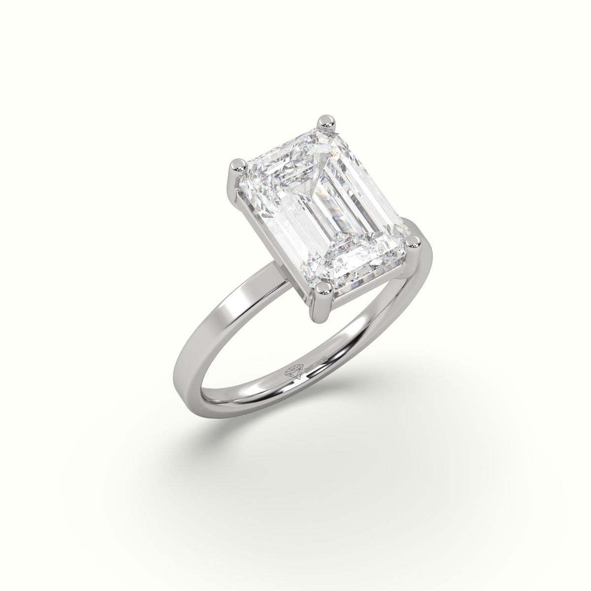 Emerald Cut Diamond Solitaire Plain Band — White Gold