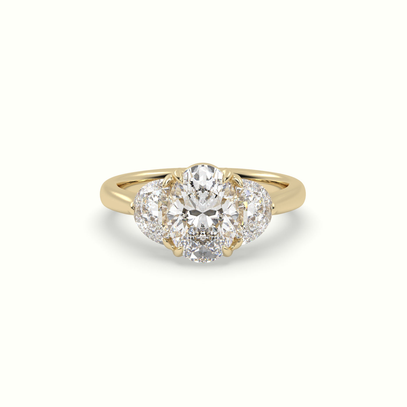 Oval Diamond Trilogy Half Moon Engagement Ring — Yellow Gold