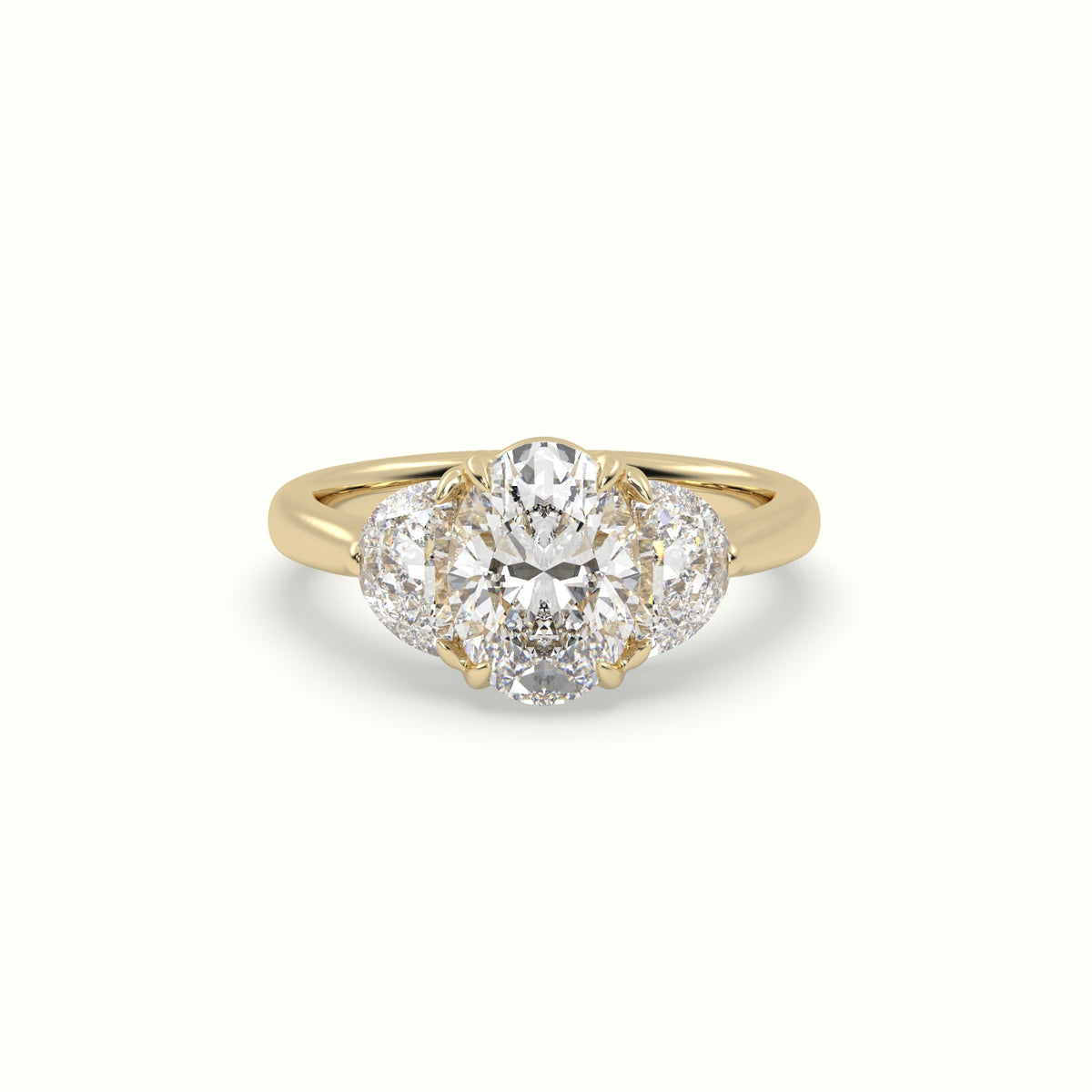 Oval Diamond Trilogy Half Moon Engagement Ring — Yellow Gold