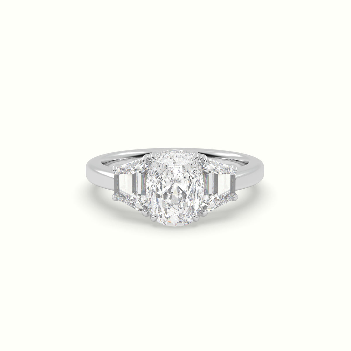 Cushion Diamond Trilogy Trapezium Engagement Ring — White Gold
