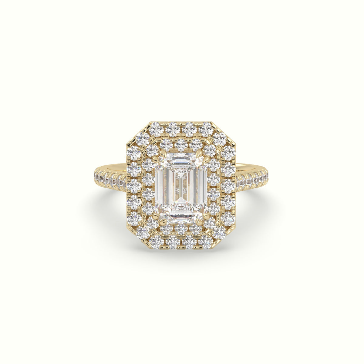 Emerald Cut Halo Diamond Engagement Ring — Yellow Gold