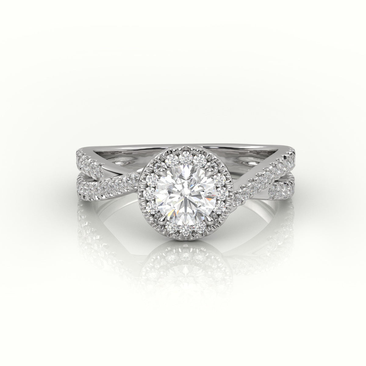 Round Cut Diamond 4 Prongs Scallop Setting Designer Engagement Ring — White Gold