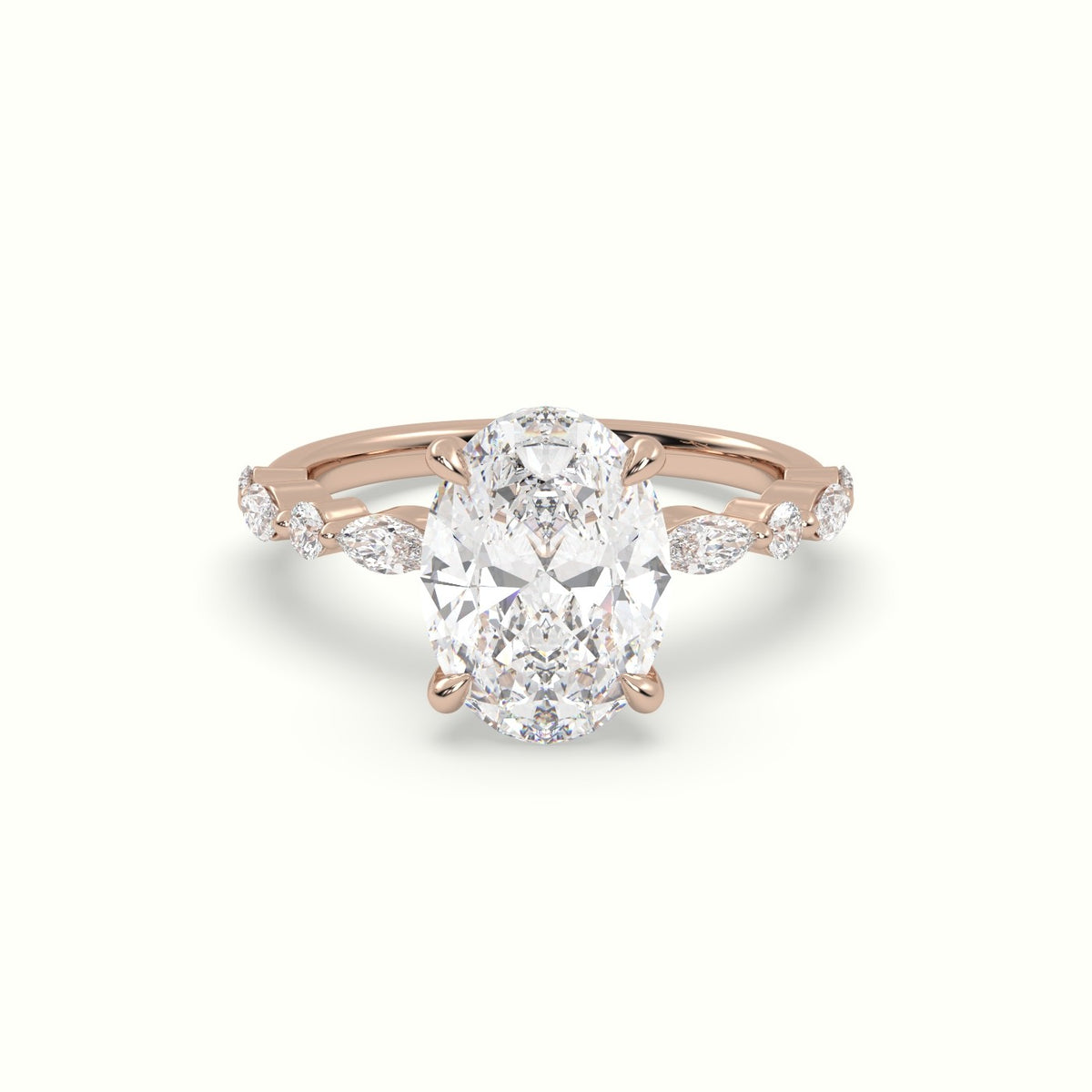Oval Center Diamond Engagement Ring With Marquise And Round Side Stones — Rose Gold