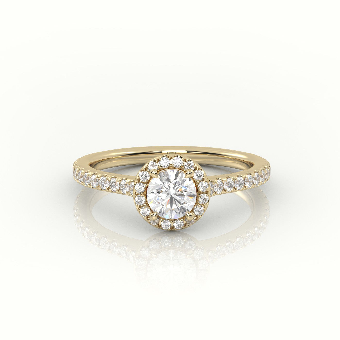 Roundp-Cut Diamond 4 Prongs Halo Scallop Setting Engagement Ring — Yellow Gold