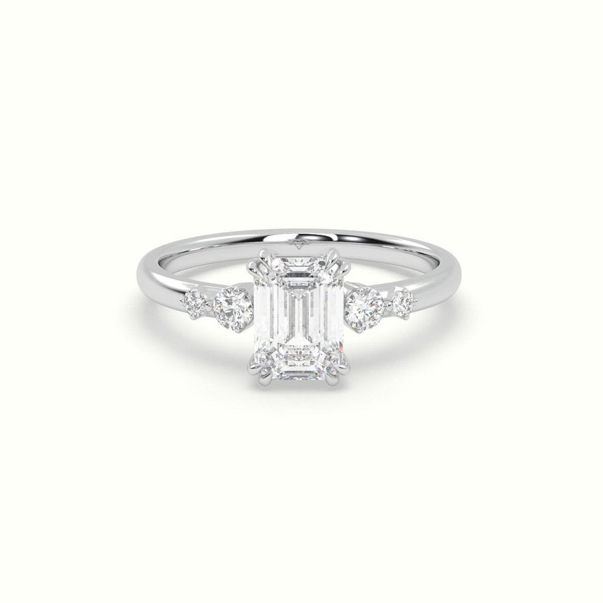Emerald Diamond Solitaire Side Stone Engagement Ring — White Gold