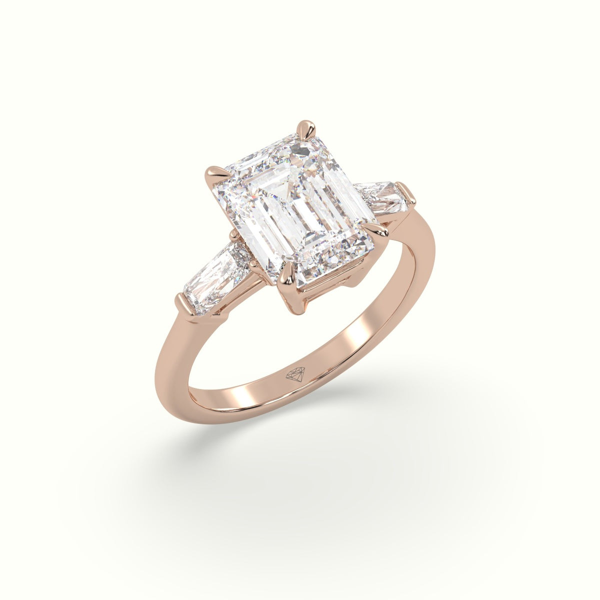 Emerald &Amp; Radiant Cut Diamond Trilogy Engagement Ring — Rose Gold