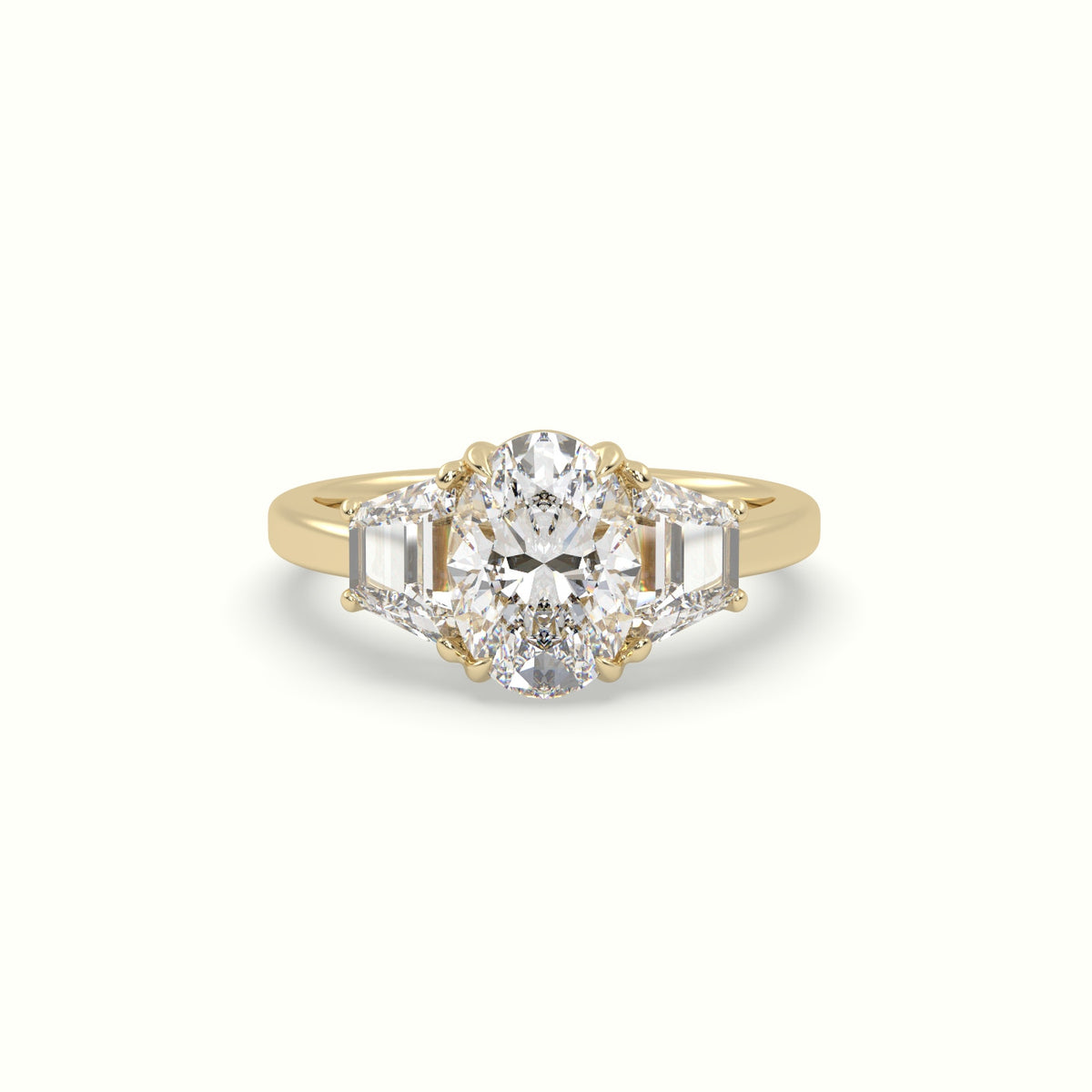 Oval Diamond Trilogy Trapezium Engagement Ring — Yellow Gold