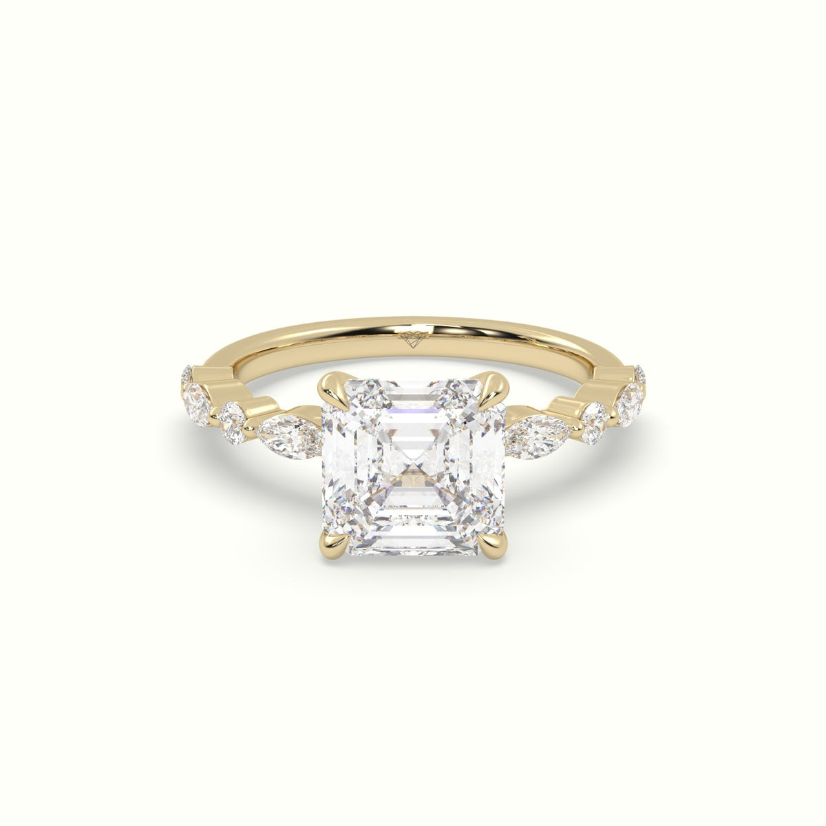 Asscher Cut Diamond Engagement Ring With Marquise And Round Side Stones — Yellow Gold