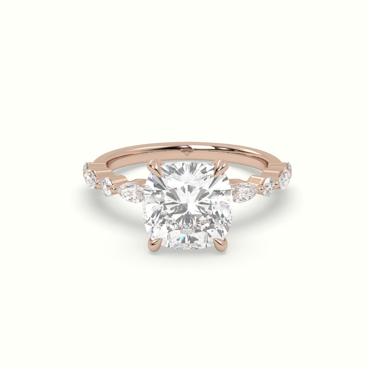 Cushion Cut Diamond Engagement Ring With Marquise And Round Side Stones — Rose Gold