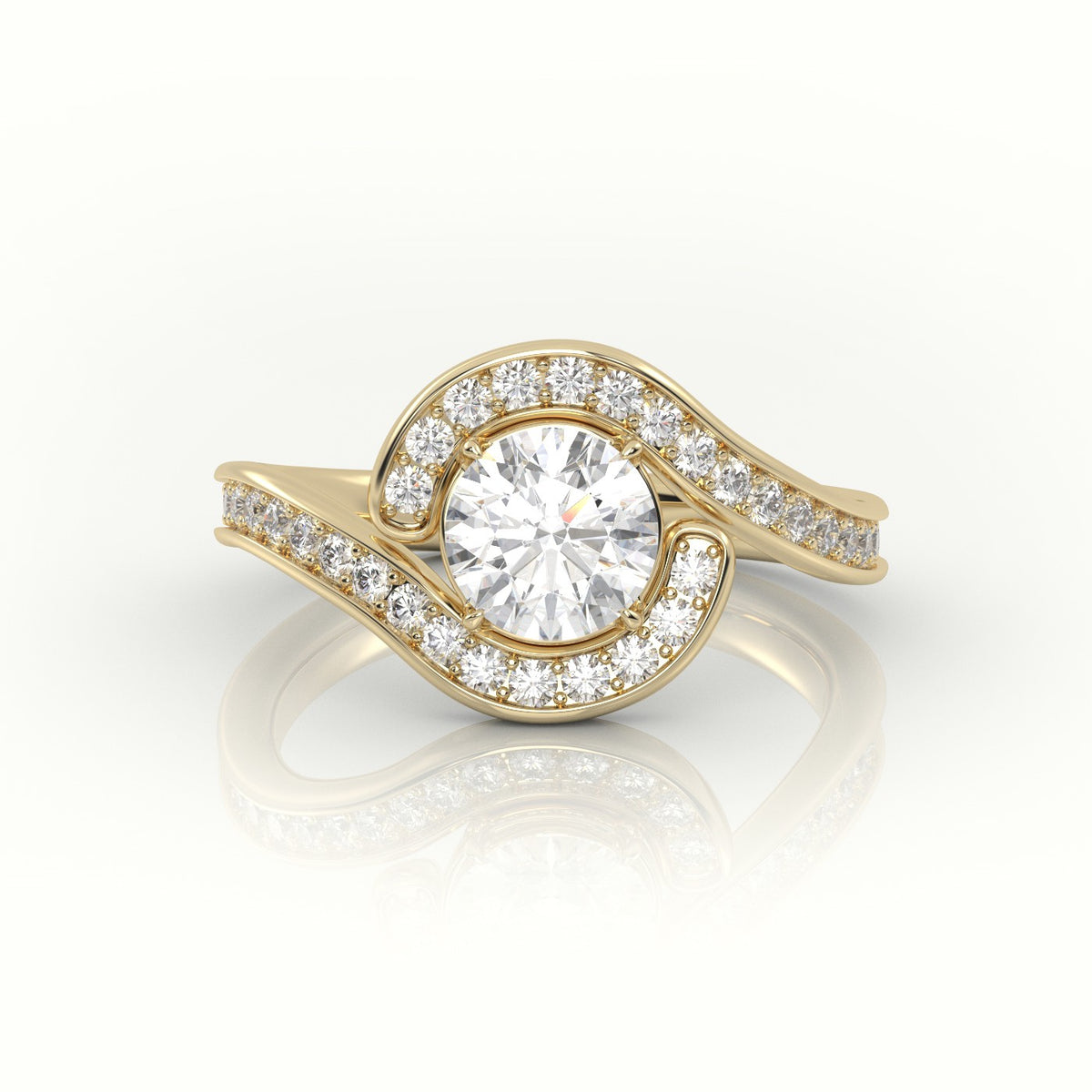 Round Diamond 4 Prongs Swirl Design Engagement Ring — Yellow Gold