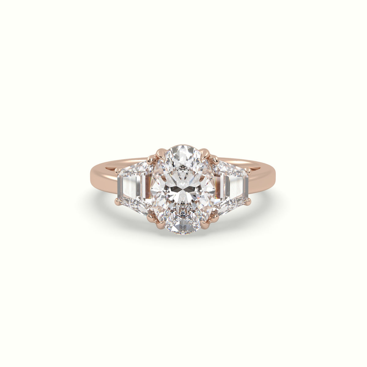 Oval Diamond Trilogy Trapezium Engagement Ring — Rose Gold