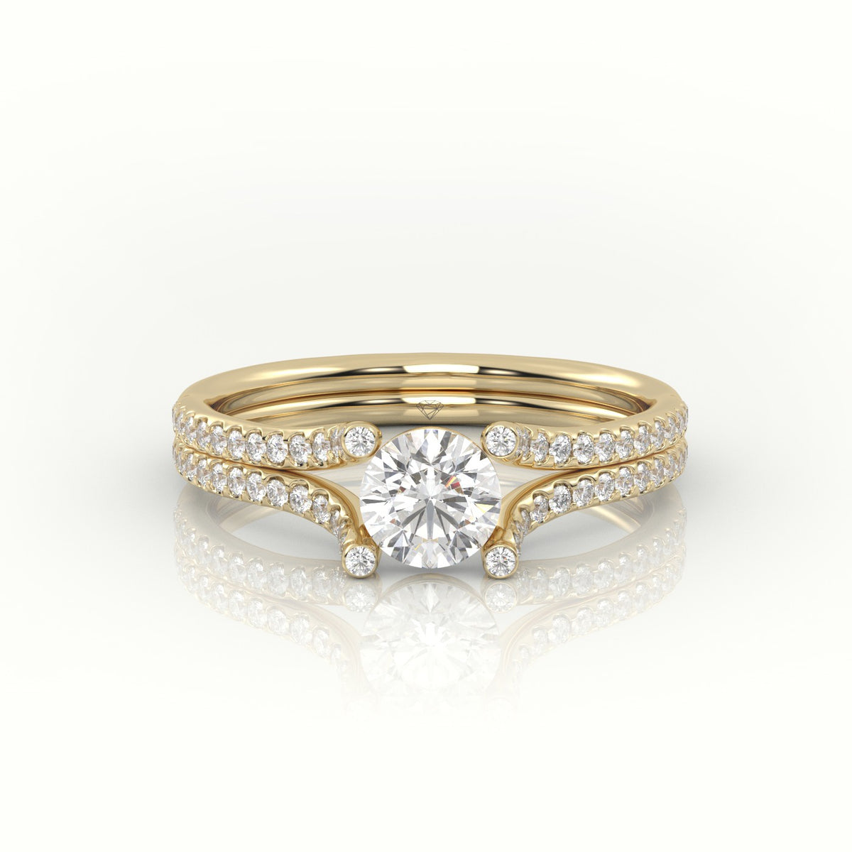 Round Cut Diamond Scallop Setting Designer Engagement Ring — Yellow Gold