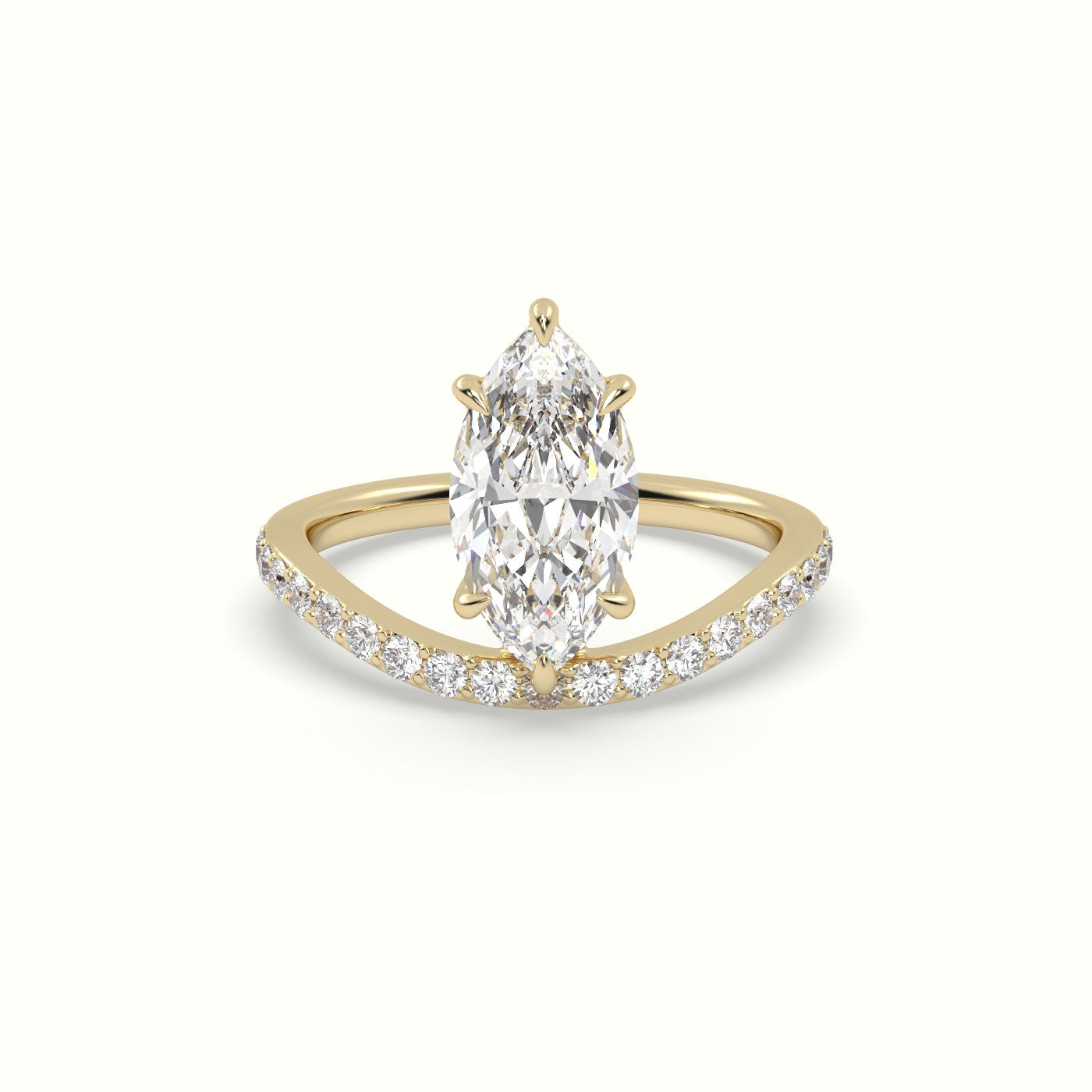 Marquise Diamond Solitaire Curved Pavé Engagement Ring — Yellow Gold