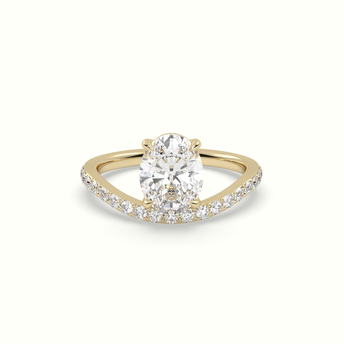 Oval Diamond Solitaire Curved Pavé Engagement Ring — Yellow Gold