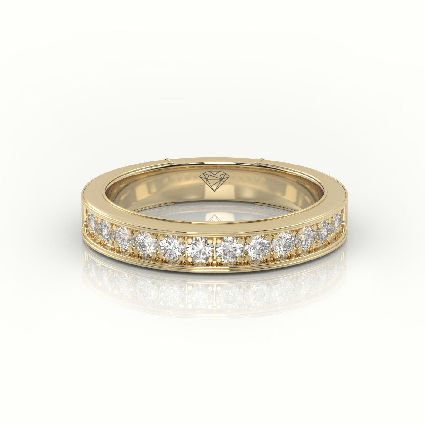 Round Cut Diamonds Shared Prongs Channel Setting Eternity Wedding Band — Yellow Gold