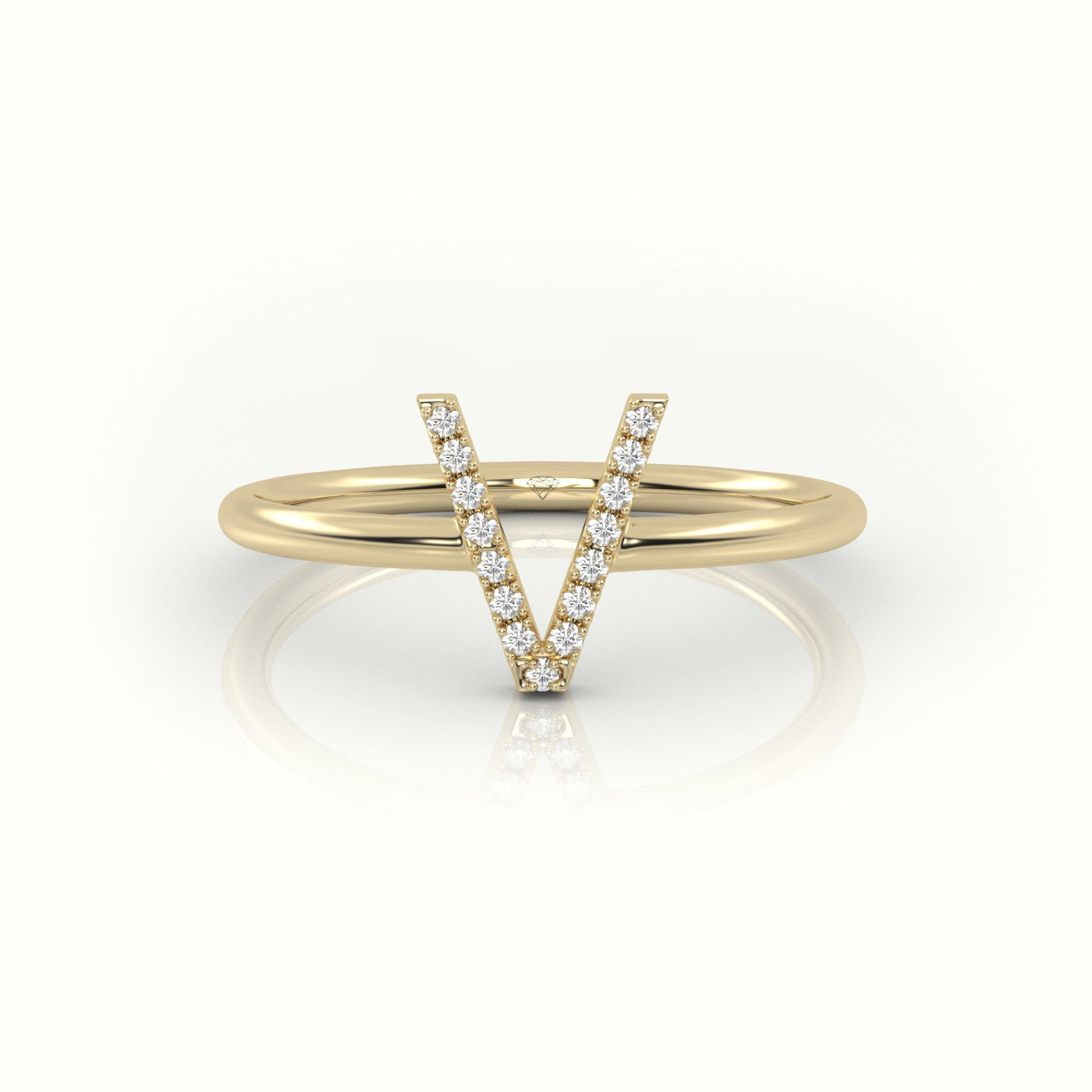 Round Cut Diamonds “V” Initials Monogram Alphabet Ring — Yellow Gold