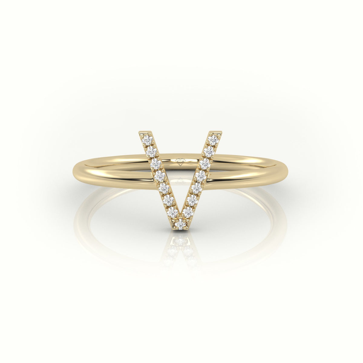 Round Cut Diamonds “V” Initials Monogram Alphabet Ring — Yellow Gold