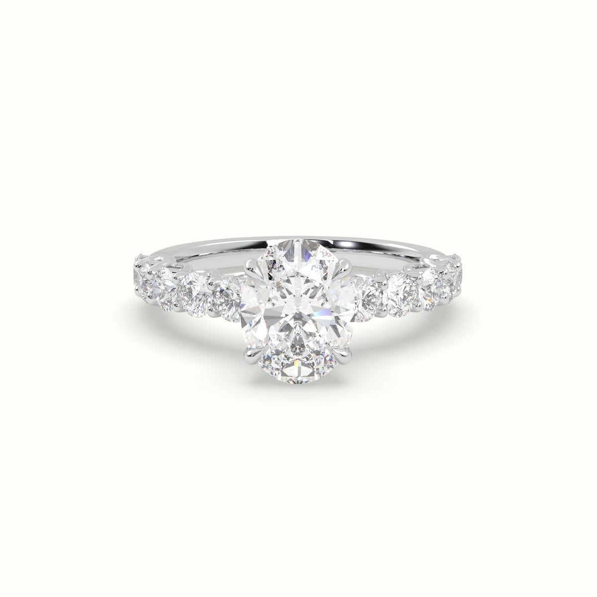 Oval Cut Diamond Engagement Ring With Side Stones — White Gold