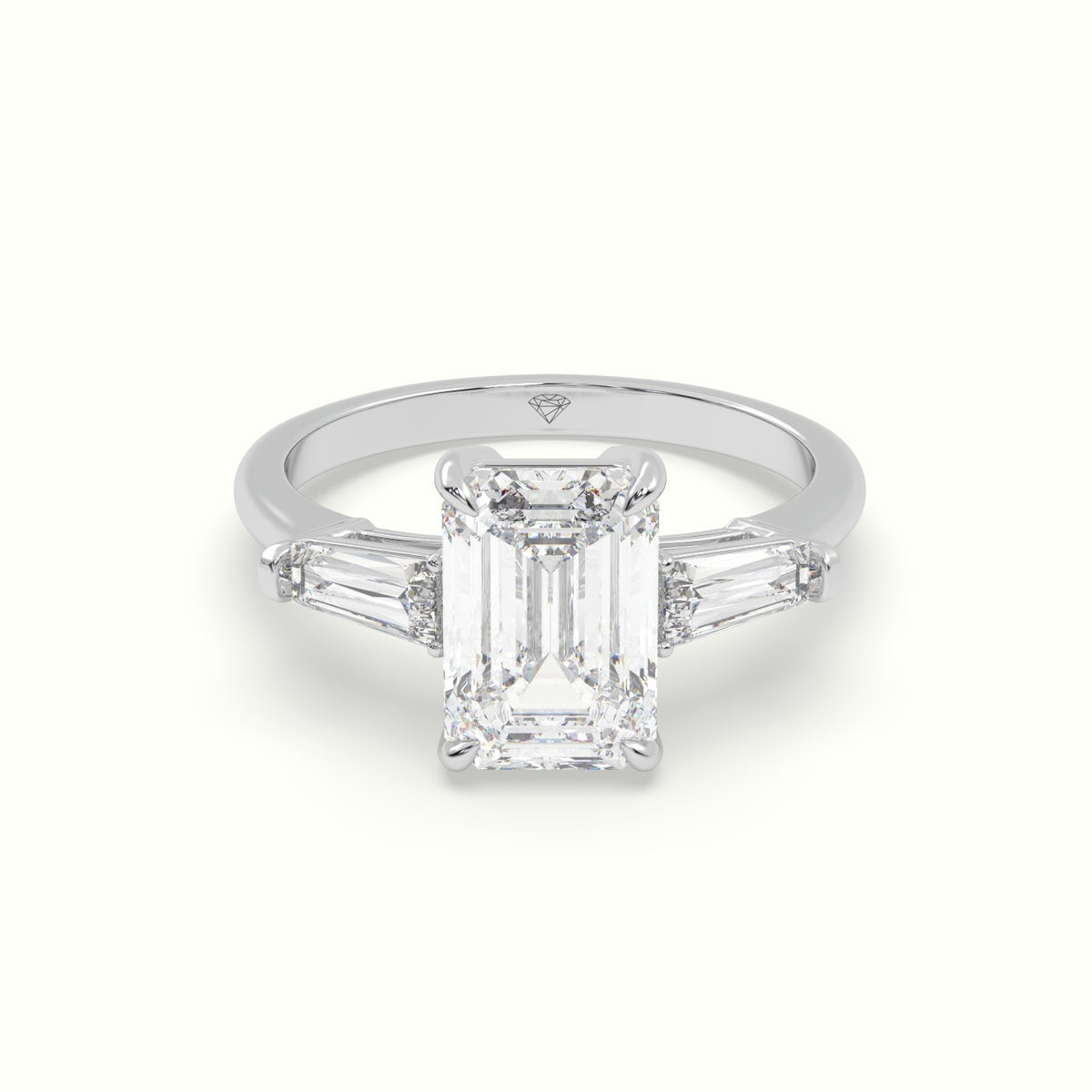 Emerald Cut Diamond Trilogy Engagement Ring — White Gold