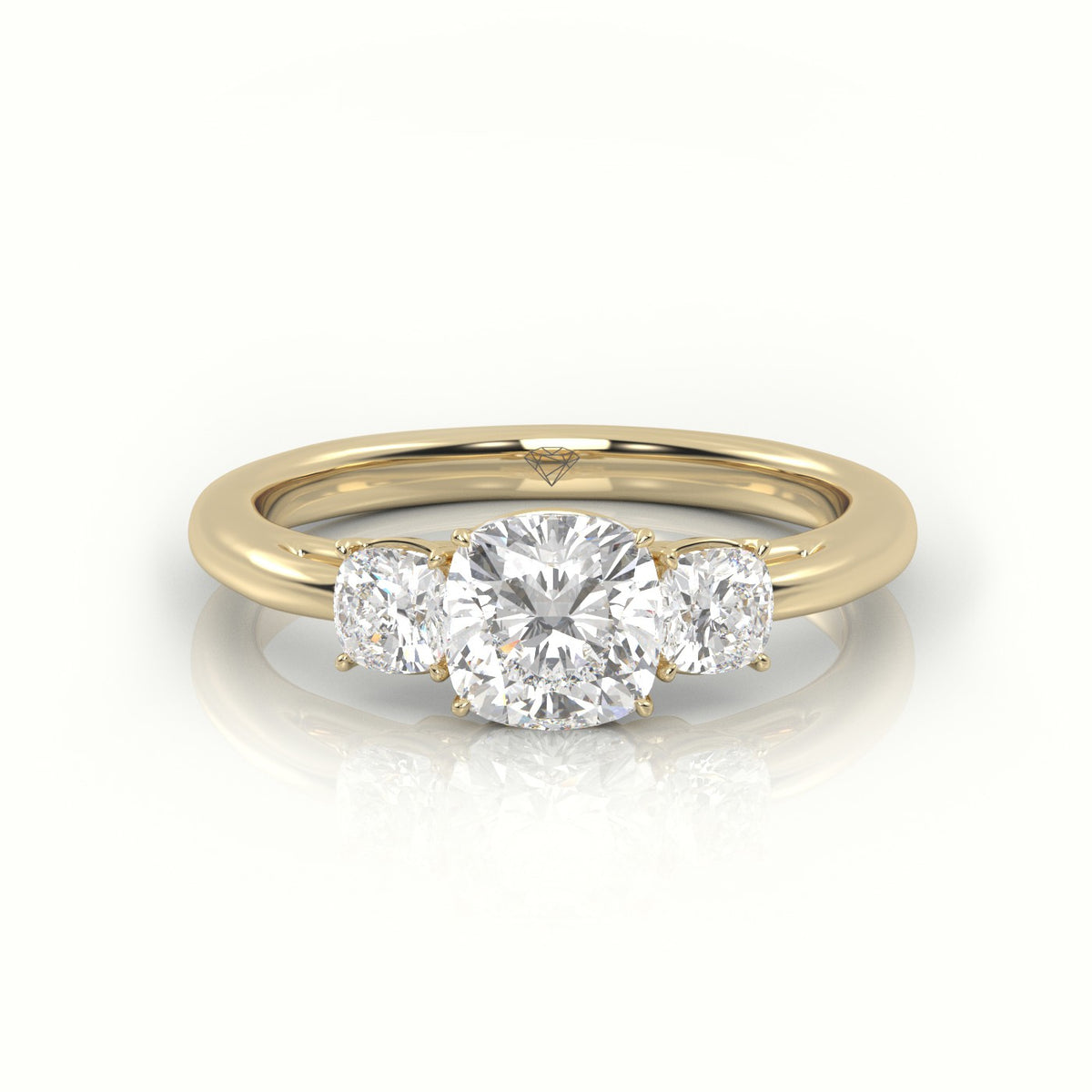 Cushion Cut Diamond 4 Prongs Side Stone Engagement Ring — Yellow Gold