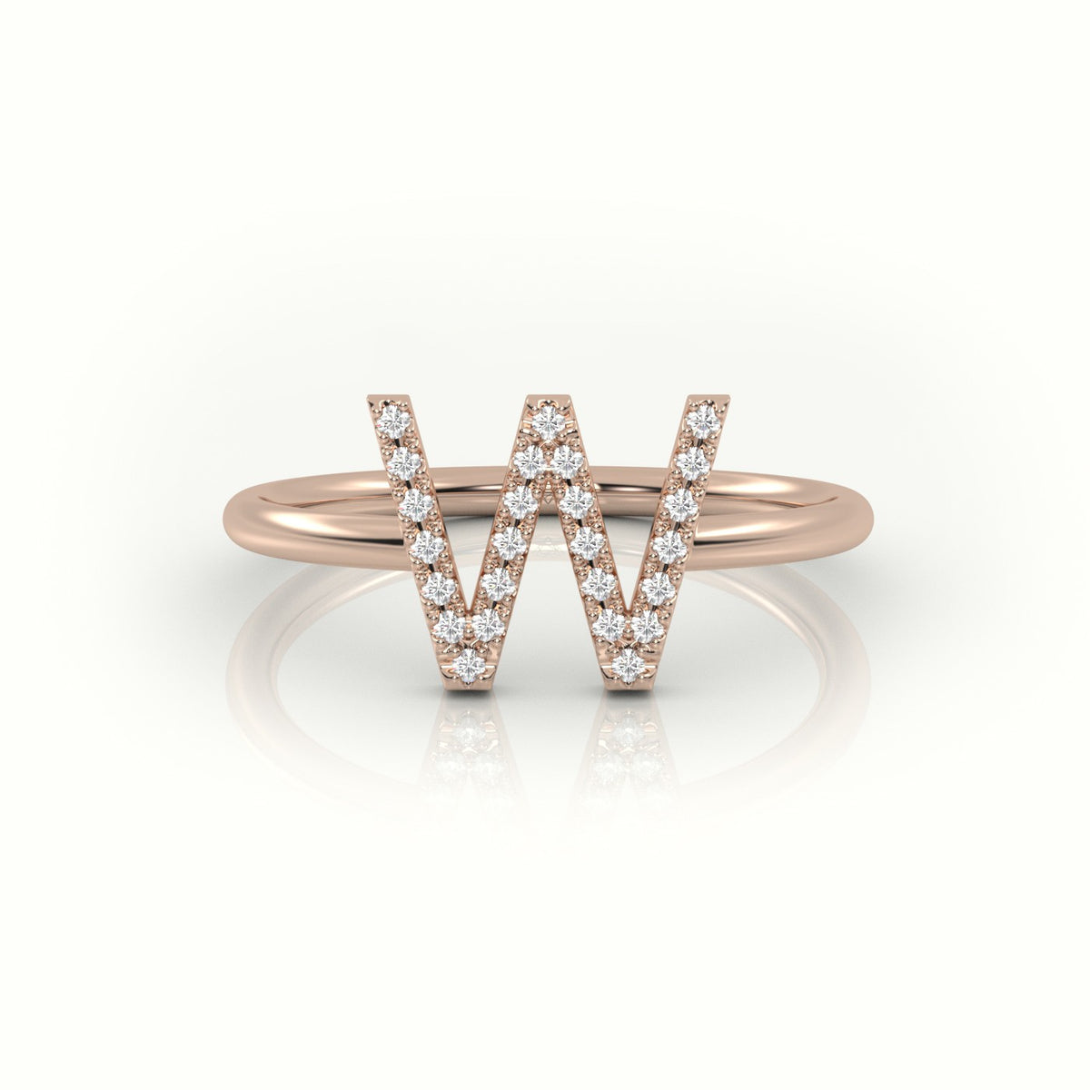Round Cut Diamonds “W” Initials Monogram Alphabet Ring — Rose Gold