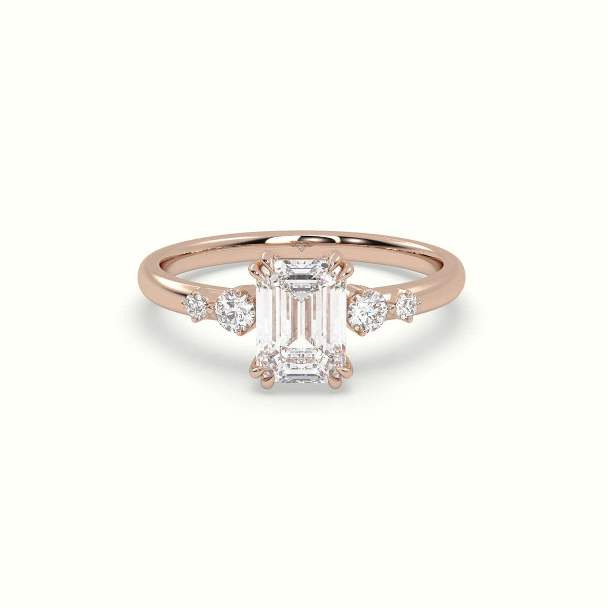Emerald Diamond Solitaire Side Stone Engagement Ring — Rose Gold