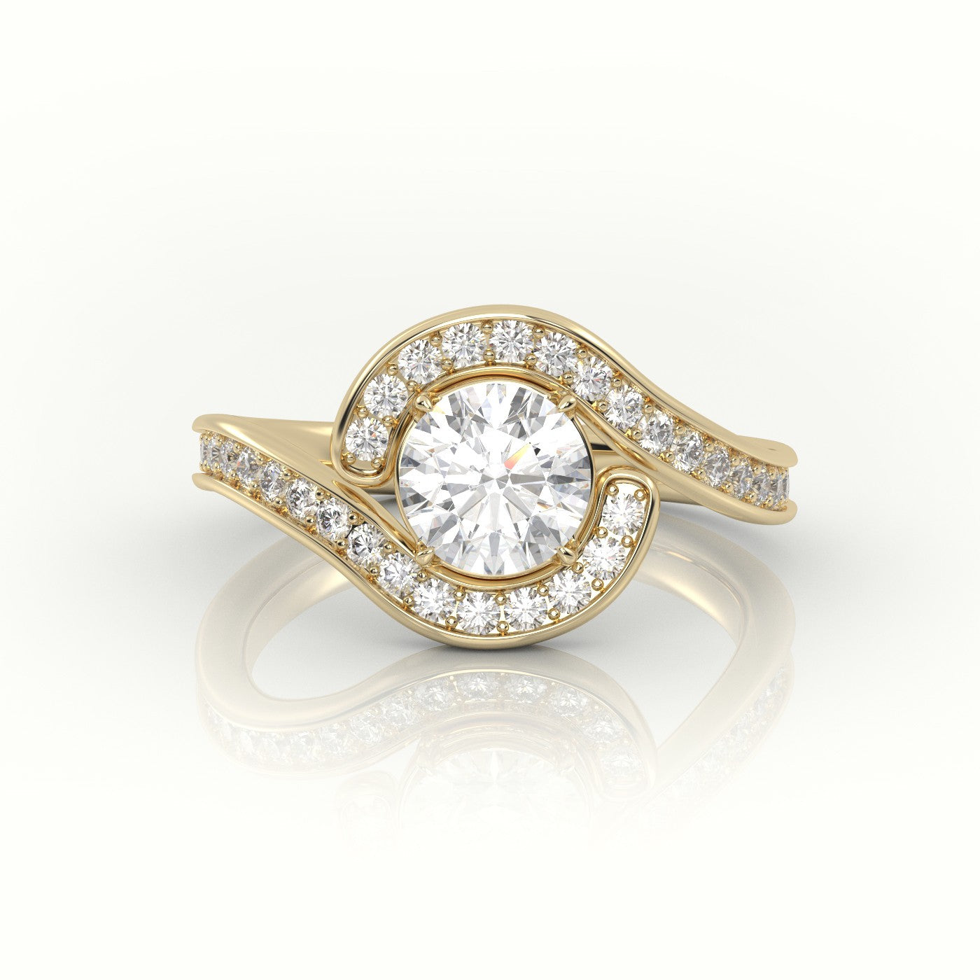 Round Diamond 4 Prongs Swirl Design Engagement Ring — Yellow Gold