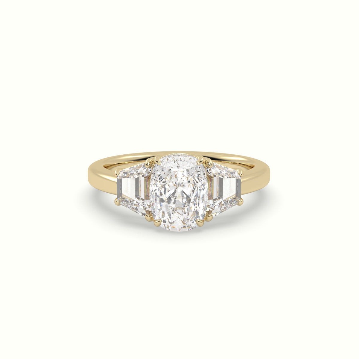 Cushion Diamond Trilogy Trapezium Engagement Ring — Yellow Gold