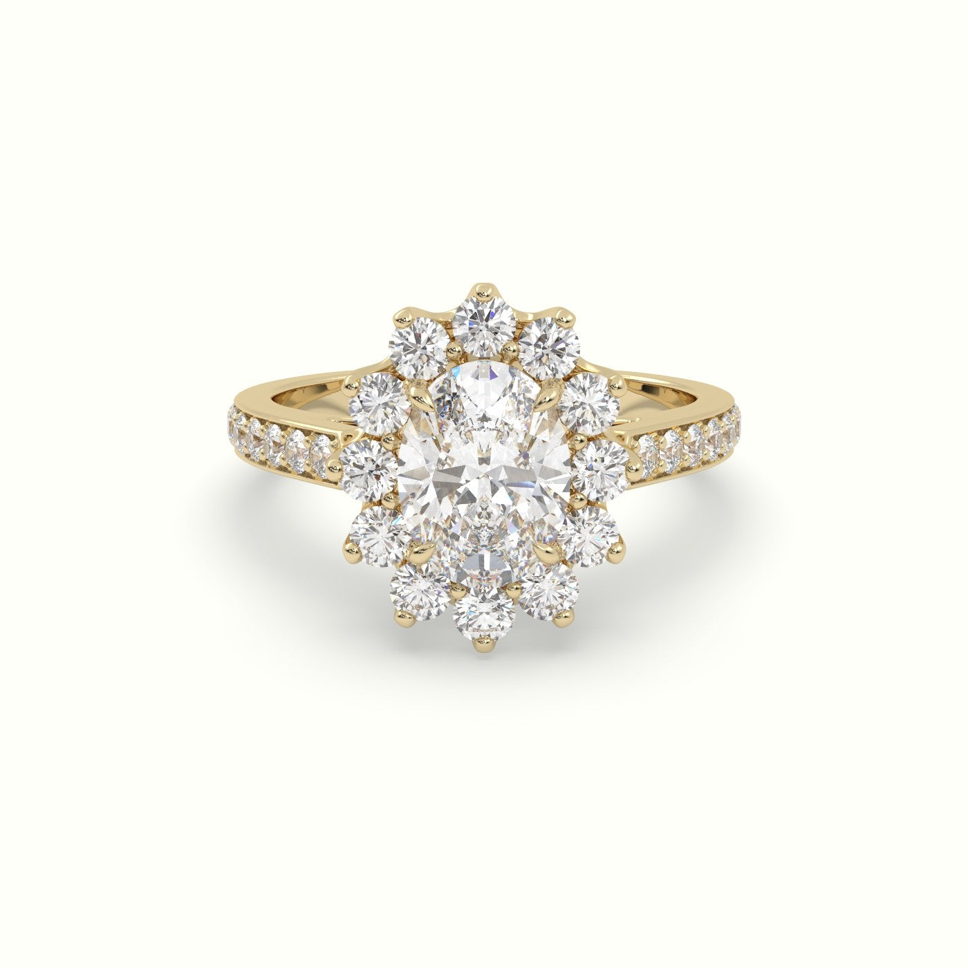 Oval Cut Diamond Halo Engagement Ring With Pavé-Set Diamond Band — Yellow Gold