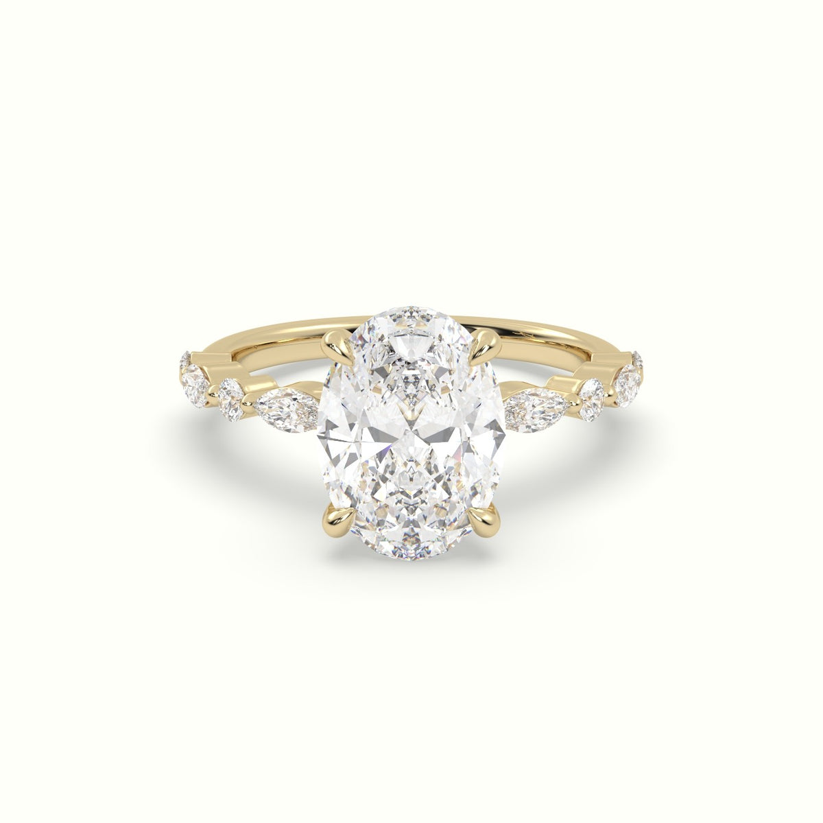 Oval Center Diamond Engagement Ring With Marquise And Round Side Stones — Yellow Gold